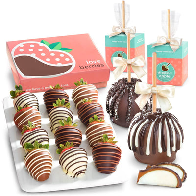 Home Delivery One Dozen Milk, Dark & White Delight Dipped Strawberries & Caramel Apple Duo 