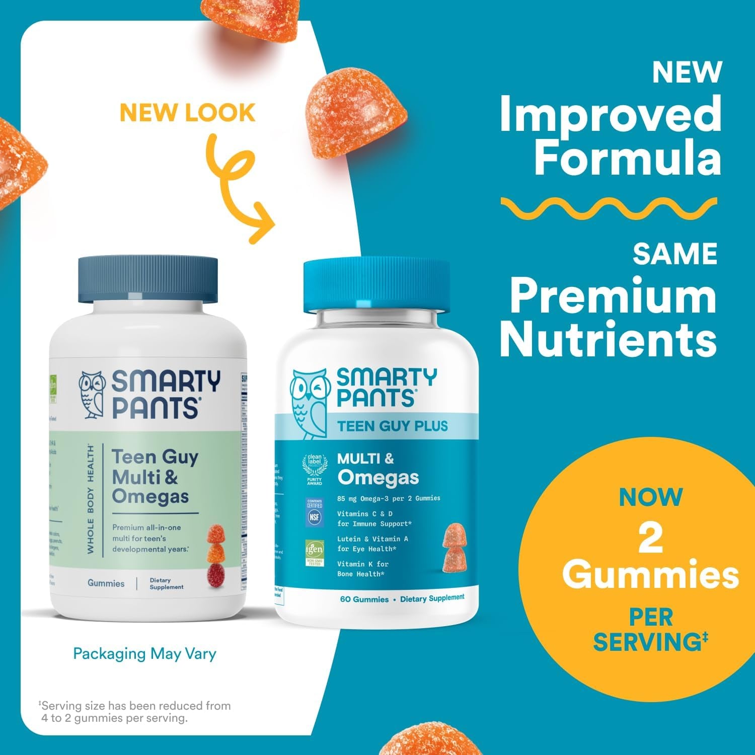 Smartypants Teen Guy Multivitamin Gummies - Improved Formula: Omega 3 (DHA/EPA), Vitamin D3, C, Vitamin B12, B6, A, K & Zinc, Folate, Gluten Free, Fruit Flavor, 60 Count (30 Day Supply)