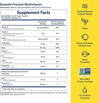 Ritual Essential for Women Prenatal Multivitamin: Folate & Choline for Neural Tube Support, Omega-3 DHA for Fetal Brain Development, Iron, Calcium-Helper D3 & K2, Non-Gmo, Vegan, Citrus, 30 Days