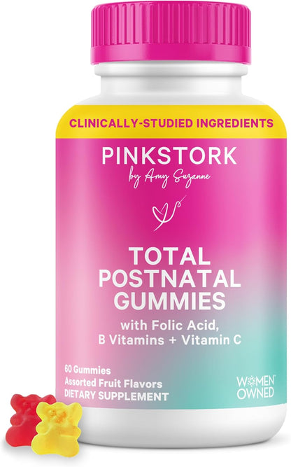 Pink Stork Total Postnatal Vitamin Gummies - Multivitamin for Postpartum Recovery and Lactation Support - Folic Acid, B6, & Vitamin C - Postpartum Essentials - 60 Gummy Vitamins