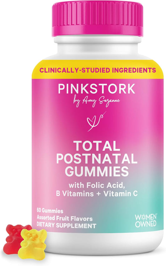 Pink Stork Total Postnatal Vitamin Gummies - Multivitamin for Postpartum Recovery and Lactation Support - Folic Acid, B6, & Vitamin C - Postpartum Essentials - 60 Gummy Vitamins