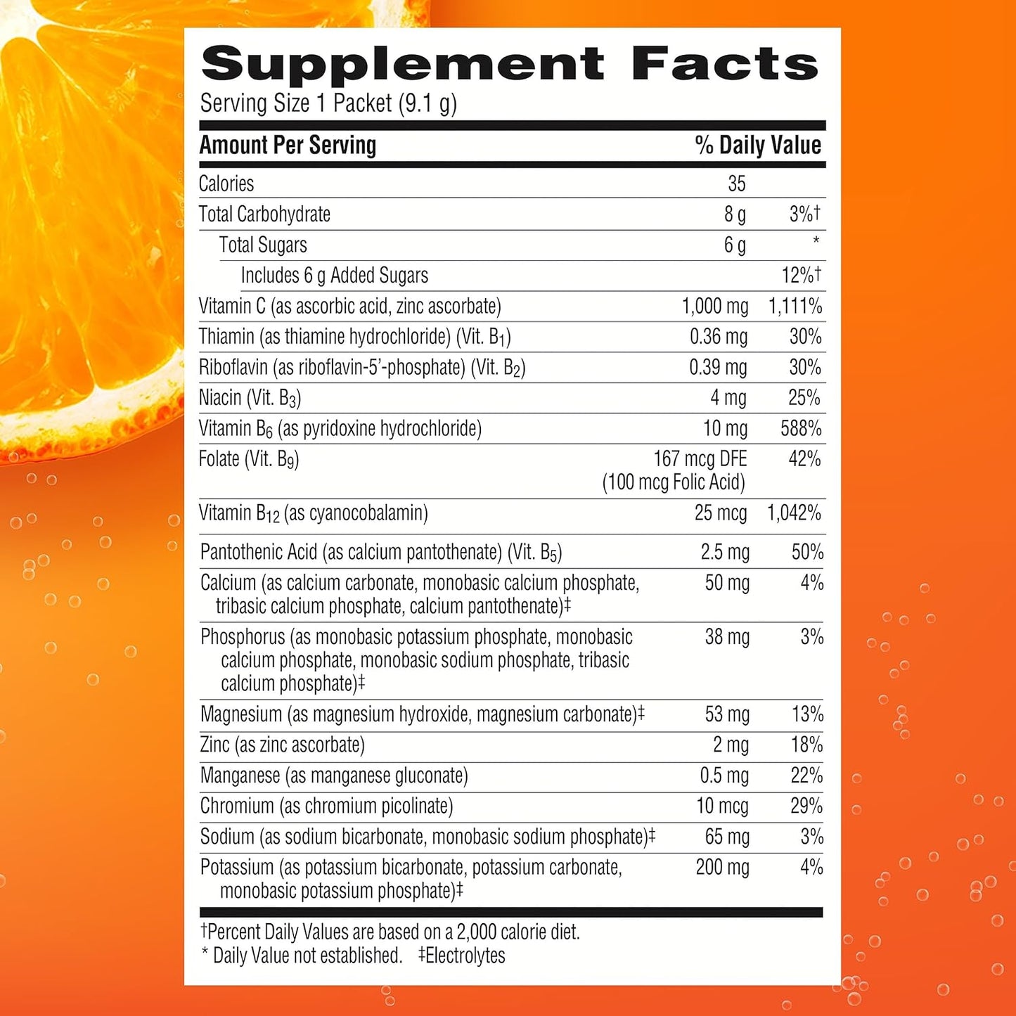 Emergen-C 1000Mg Vitamin C Powder for Daily Immune Support Caffeine Free Vitamin C Supplements with Zinc and Manganese, B Vitamins and Electrolytes, Super Orange Flavor - 90 Count/3 Month Supply