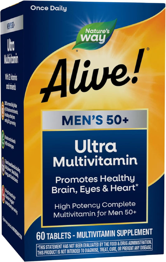 Nature'S Way Alive! Men’S 50+ Daily Ultra Multivitamin, High  Formula, Supports Healthy Brain, Eyes & Heart*, with Methylated B12, Gluten-Free, 60 Tablets (Packaging May Vary)