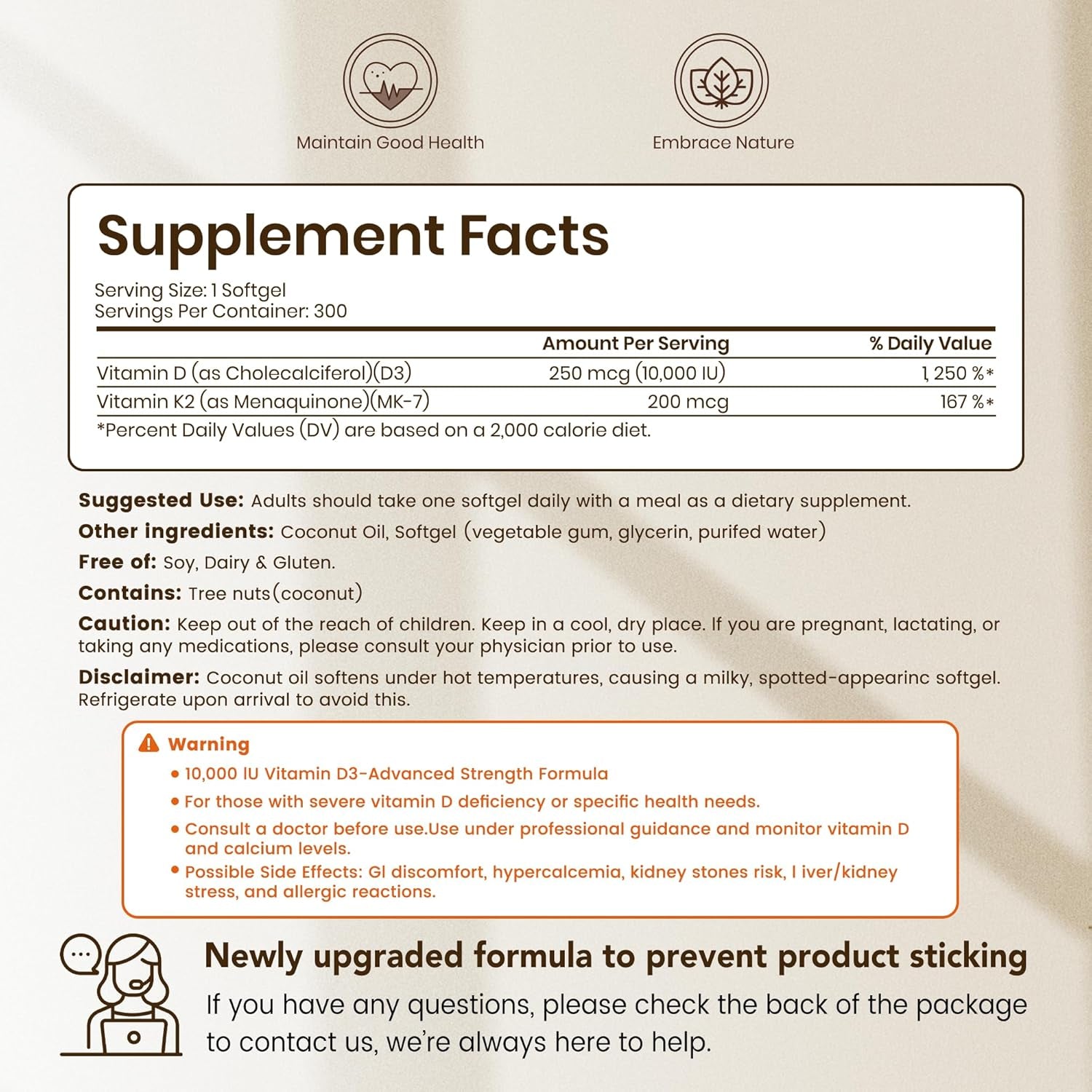 VEV Corefeel Vitamin D3 K2 10,000 IU, 200 Mcg MK-7, 300 Coconut Oil Softgels, 2 in 1 Vitamins Supplement D & K (Include MK7), Easy to Swallow, Supports Calcium Absorption, Bone Health
