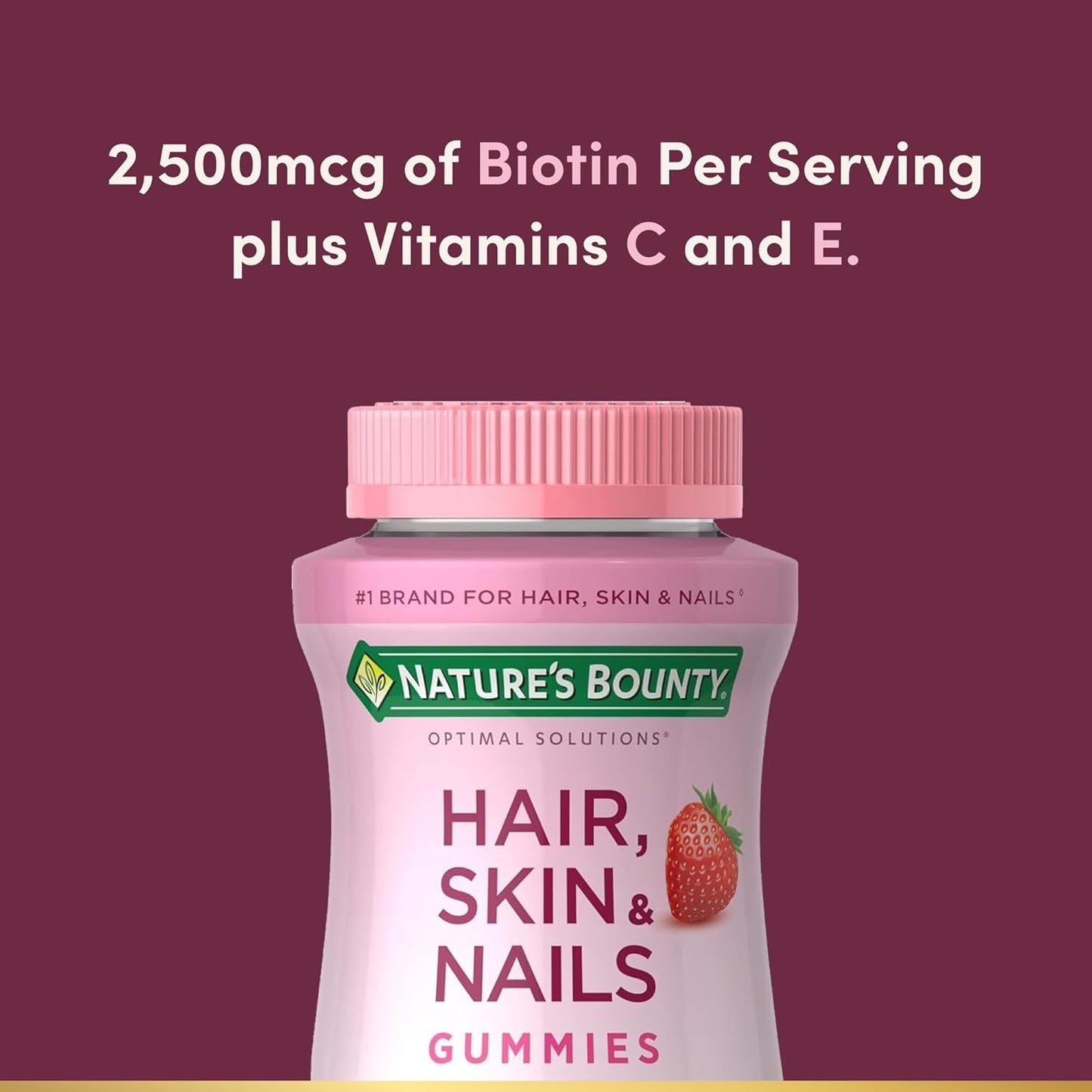 Nature'S Bounty Optimal Solutions Hair, Skin & Nails Vitamin Gummies with Biotin, 2500 Mcg, Strawberry, 80 Count, 40 Total Servings