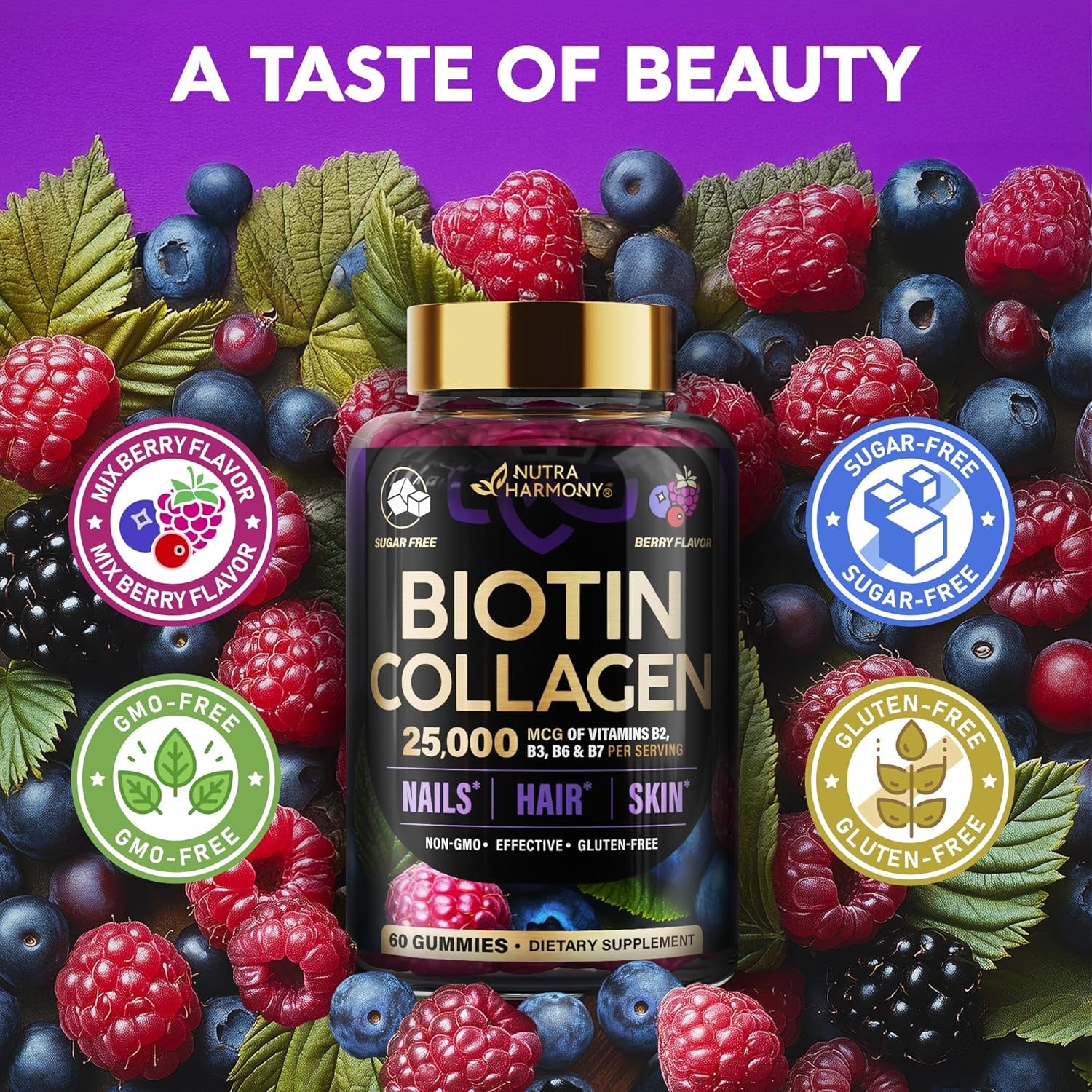 Biotin Gummies with Collagen - Hair Growth Support Skin, & Nail Strength - for Women & Men - Biotin 10000Mcg | Keratin | Hyaluronic Acid | B-Complex | Saw Palmetto - Sugar-Free, Mixed Berry - 60 Gummy
