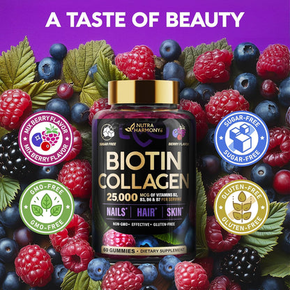Biotin Gummies with Collagen - Hair Growth Support Skin, & Nail Strength - for Women & Men - Biotin 10000Mcg | Keratin | Hyaluronic Acid | B-Complex | Saw Palmetto - Sugar-Free, Mixed Berry - 60 Gummy