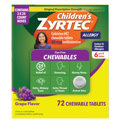 Children'S Zyrtec Allergy Cetirizine Hcl 10 Mg Dye-Free Grape Flavored Chewables, 72 Tablets