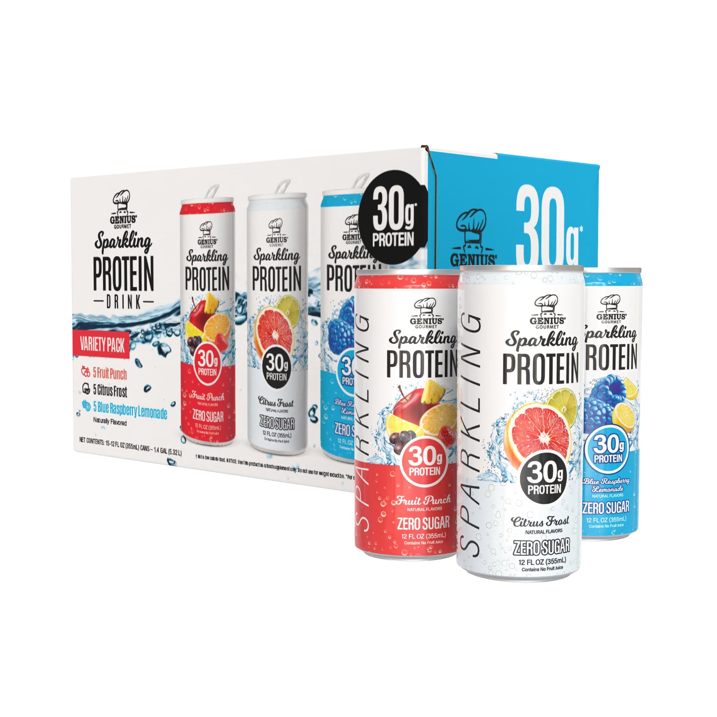 Genius Gourmet Sparkling Clear 30G Protein Variety Pack, 12 Fl Oz, 15-Pack