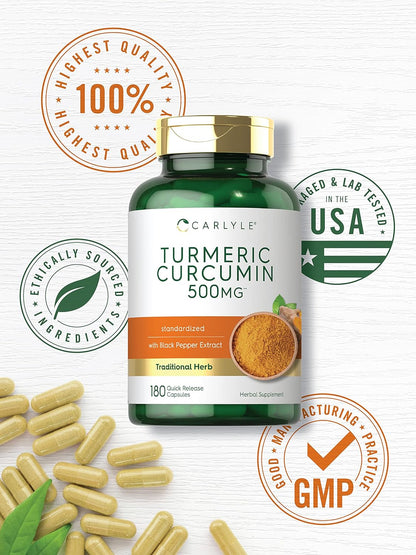 Carlyle Turmeric Curcumin Supplement 500 Mg | 180 Capsules | with Black Pepper Extract | Non-Gmo & Gluten Free