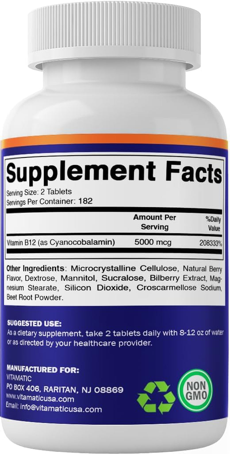 Vitamin B12 5000 Mcg – 365 Fast Dissolve Tablets Berry Flavor – Supports Energy Production & Nervous System Health – Non-Gmo, Gluten-Free