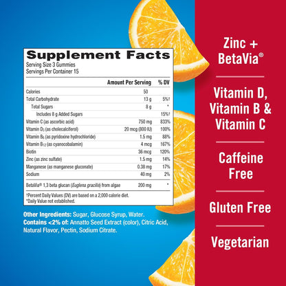 Emergen-C Immune+ Triple Action Immune Support Gummies, Betavia (R), 1000Mg Vitamin C, B Vitamins, Vitamin D and Antioxidants, Super Orange, Back to School Essentials - 45 Count