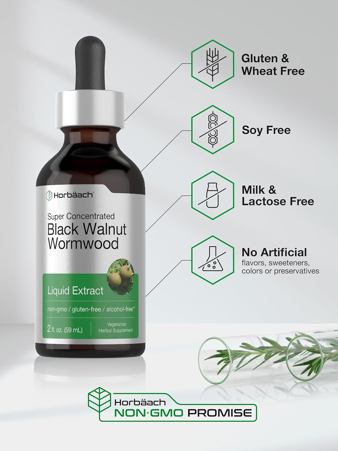 Horbäach Black Walnut Hull Wormwood Extract Tincture | 2 Fl Oz | Alcohol Free Liquid | Vegetarian, Non-Gmo & Gluten Free Supplement
