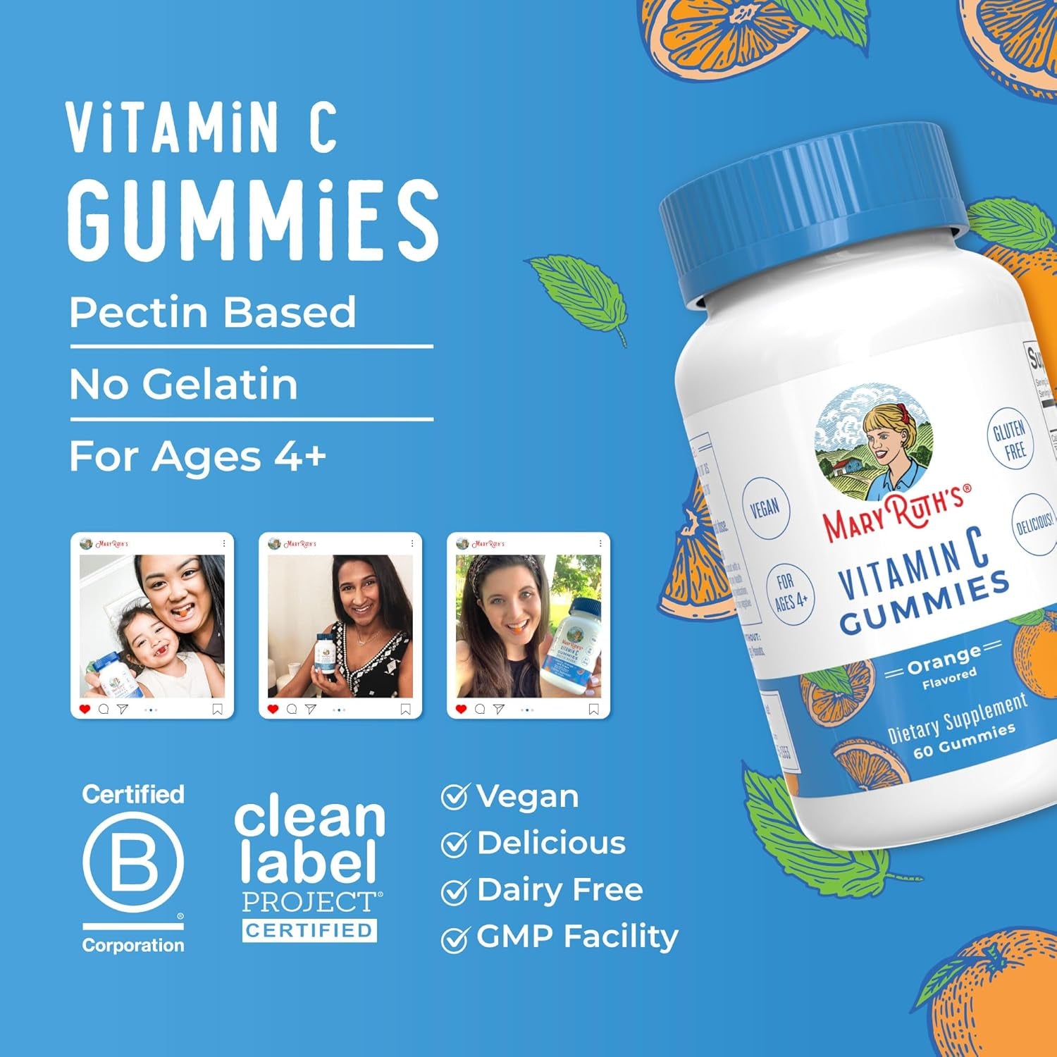 Maryruth Organics Vegan Vitamin C Gummies | 2 Month Supply | Immune Support Supplement for Adults & Kids | Chewable Vitamin C Gummy Vitamins | Non-Gmo | Pectin Based | 60 Count