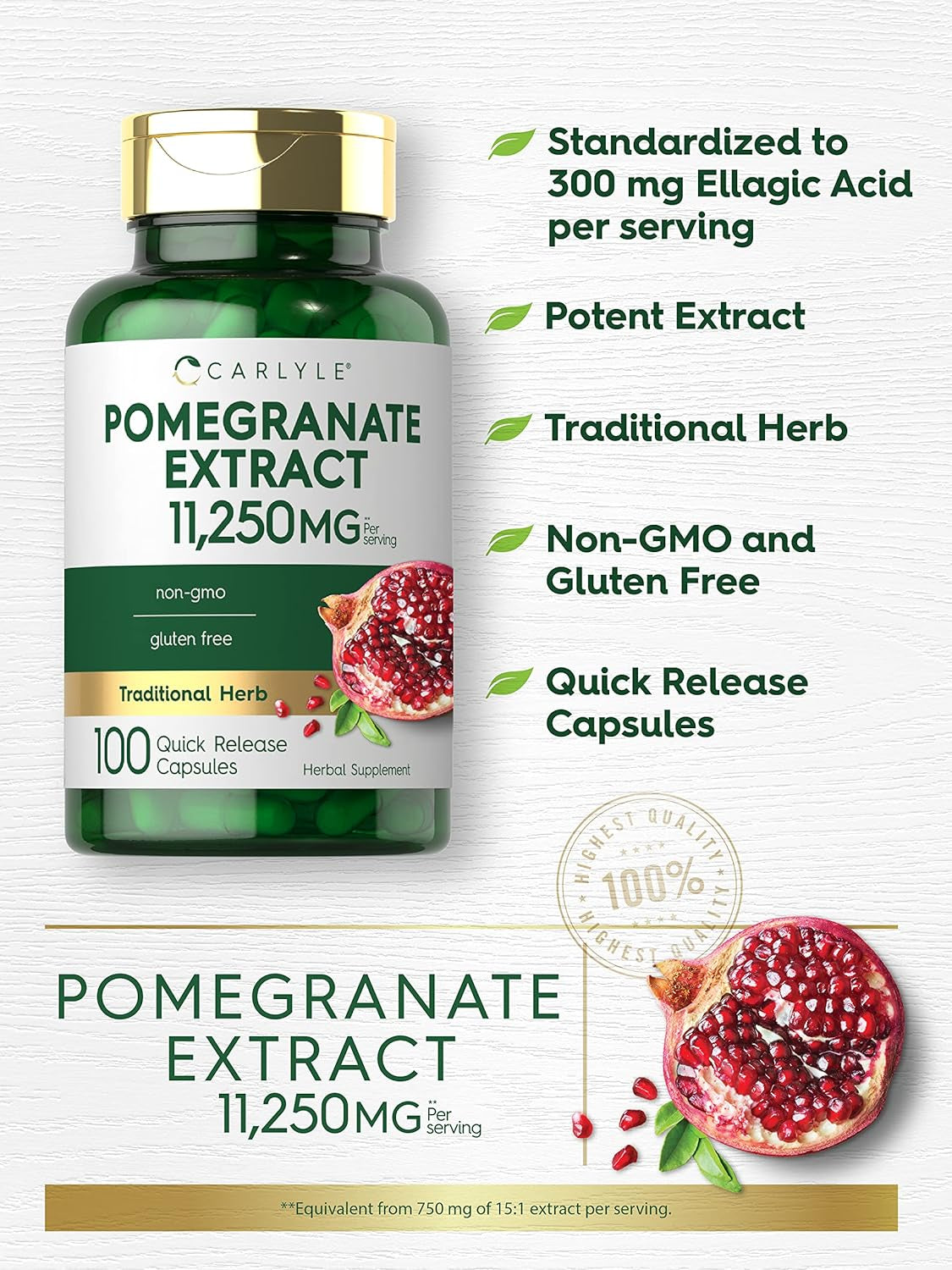 Carlyle Pomegranate Extract | 11250Mg | 100 Capsules | Non-Gmo, Gluten Free Supplement | Traditional Herb
