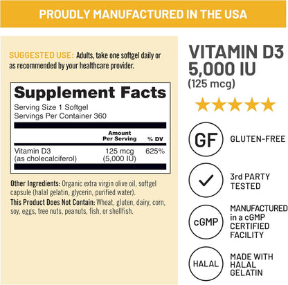 Naturewise Vitamin D3 5000Iu (125 Mcg) 1 Year Supply for Immune Support, Healthy Muscle Function, and Bone Health - Non-Gmo, Gluten Free in Organic Extra Virgin Olive Oil, (Mini Softgel), 360 Count