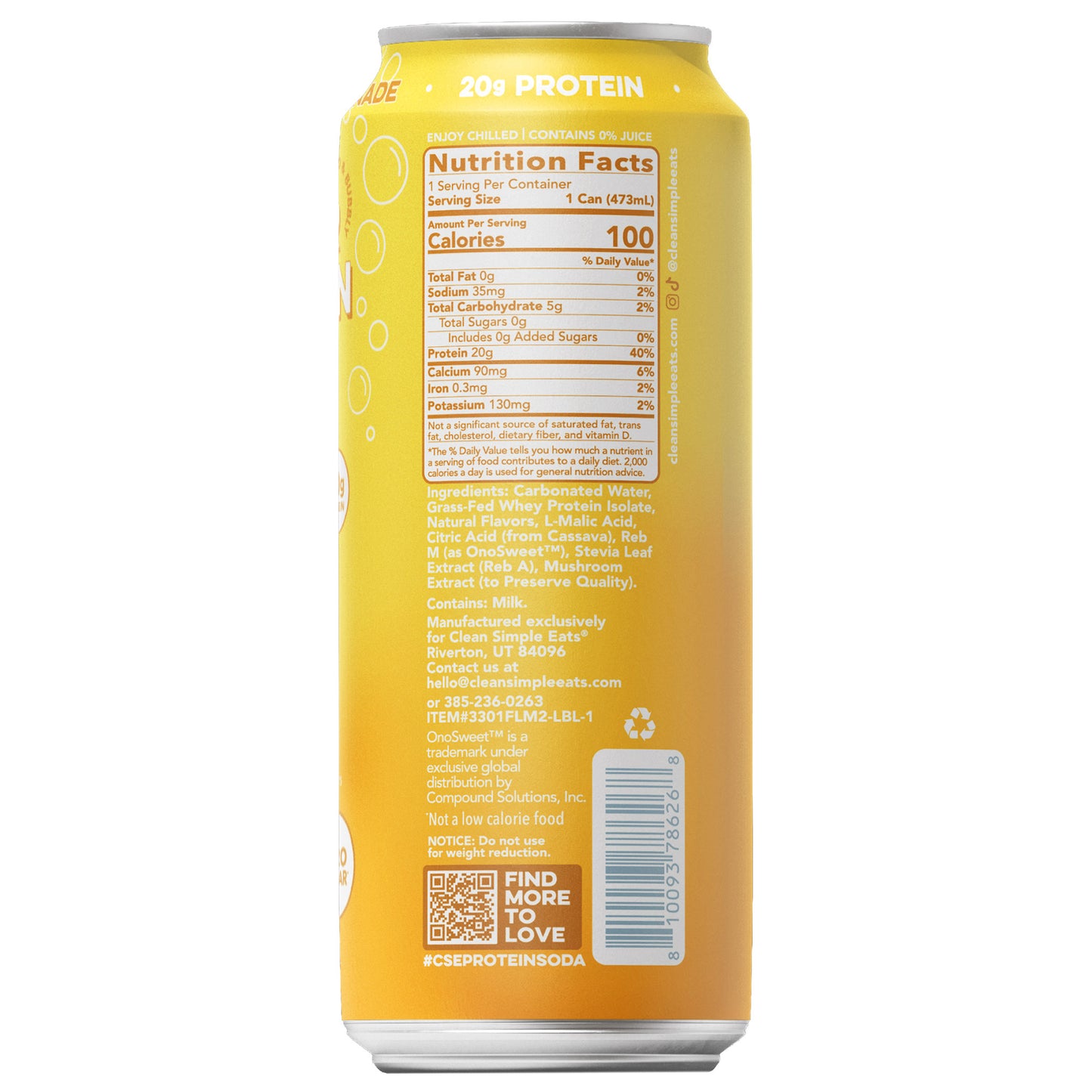 Clean Simple Eats 20G Clear Protein Soda, Frosted Lemonade, 16 Fl Oz, 12-Pack