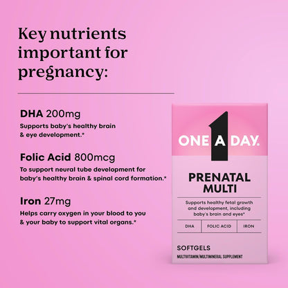 One a Day Prenatal Vitamins- Folic Acid, Iron, Omega- 3 (DHA), Pregnancy Vitamins for Women, Prenatal Multivitamin for Mom and Baby Support, Pregnancy Must Haves 90 Ct (Packaging May Vary)
