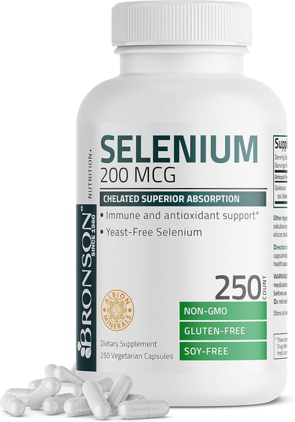 Bronson Selenium 200 Mcg – Yeast Free Chelated Amino Acid Complex - Essential Trace Mineral with Superior Absorption, 250 Vegetarian Capsules