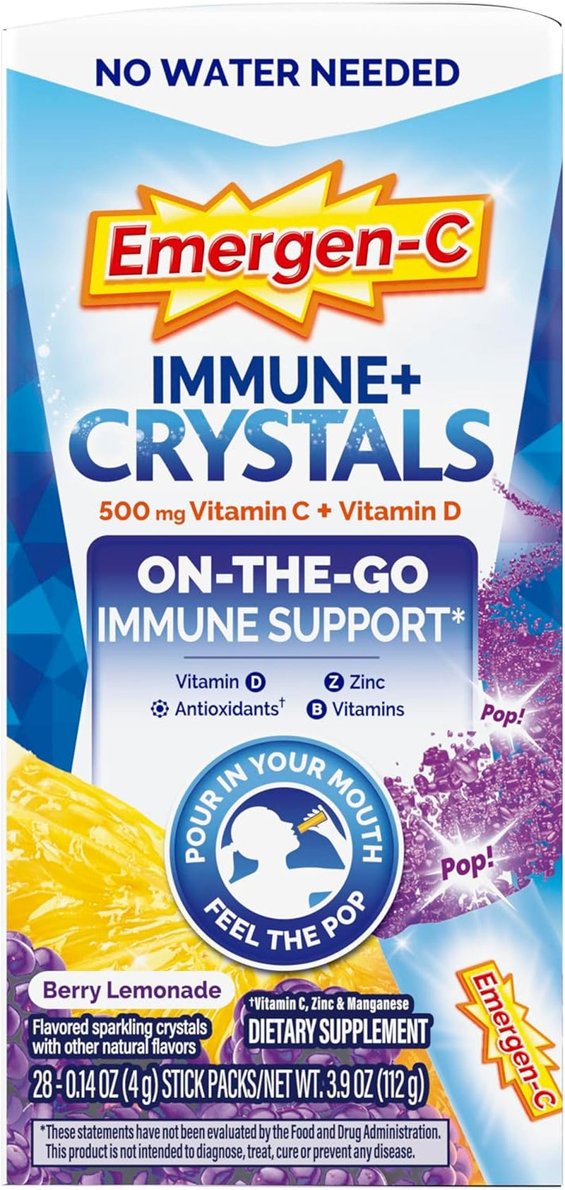Emergen-C Immune plus Crystals, On-The-Go Immune Support Supplement with Vitamin C, Vitamin D, B Vitamins, Zinc and Manganese, Berry Lemonade - 28 Stick Packs