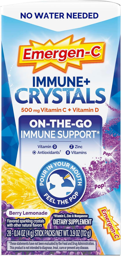 Emergen-C Immune plus Crystals, On-The-Go Immune Support Supplement with Vitamin C, Vitamin D, B Vitamins, Zinc and Manganese, Berry Lemonade - 28 Stick Packs