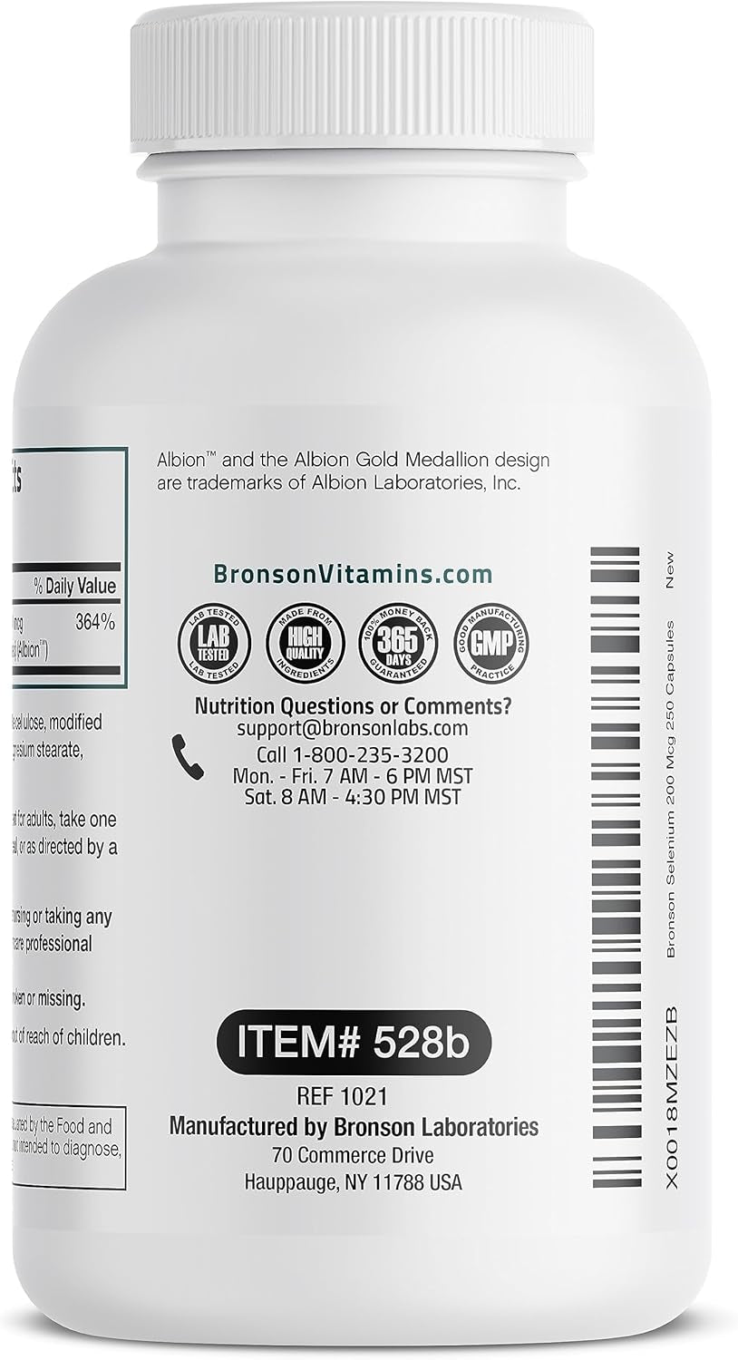 Bronson Selenium 200 Mcg – Yeast Free Chelated Amino Acid Complex - Essential Trace Mineral with Superior Absorption, 250 Vegetarian Capsules