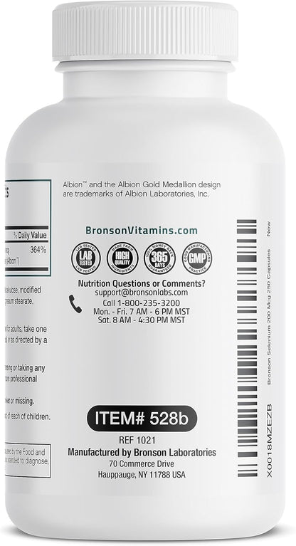 Bronson Selenium 200 Mcg – Yeast Free Chelated Amino Acid Complex - Essential Trace Mineral with Superior Absorption, 250 Vegetarian Capsules