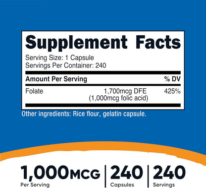 Folic Acid (Vitamin B9) 1000 Mcg, 240 Capsules