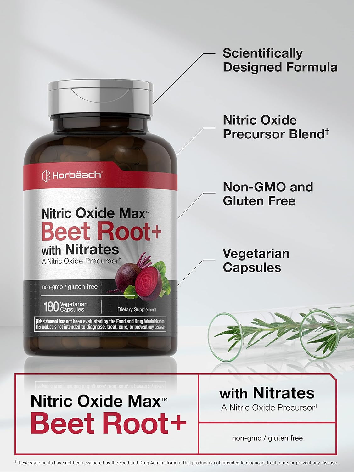Horbäach Nitric Oxide Beet Root Capsules | 180 Count | with Nitrates and Precursor | for Men and Women | Vegetarian, Non-Gmo, Gluten Free Supplement