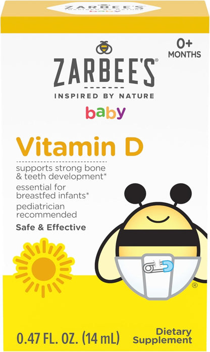 Zarbee'S Vitamin D Drops for Infants, 400IU (10Mcg) Baby & Toddler Liquid Supplement, Newborn & Up, Dropper Syringe Included, 0.47 Fl Oz