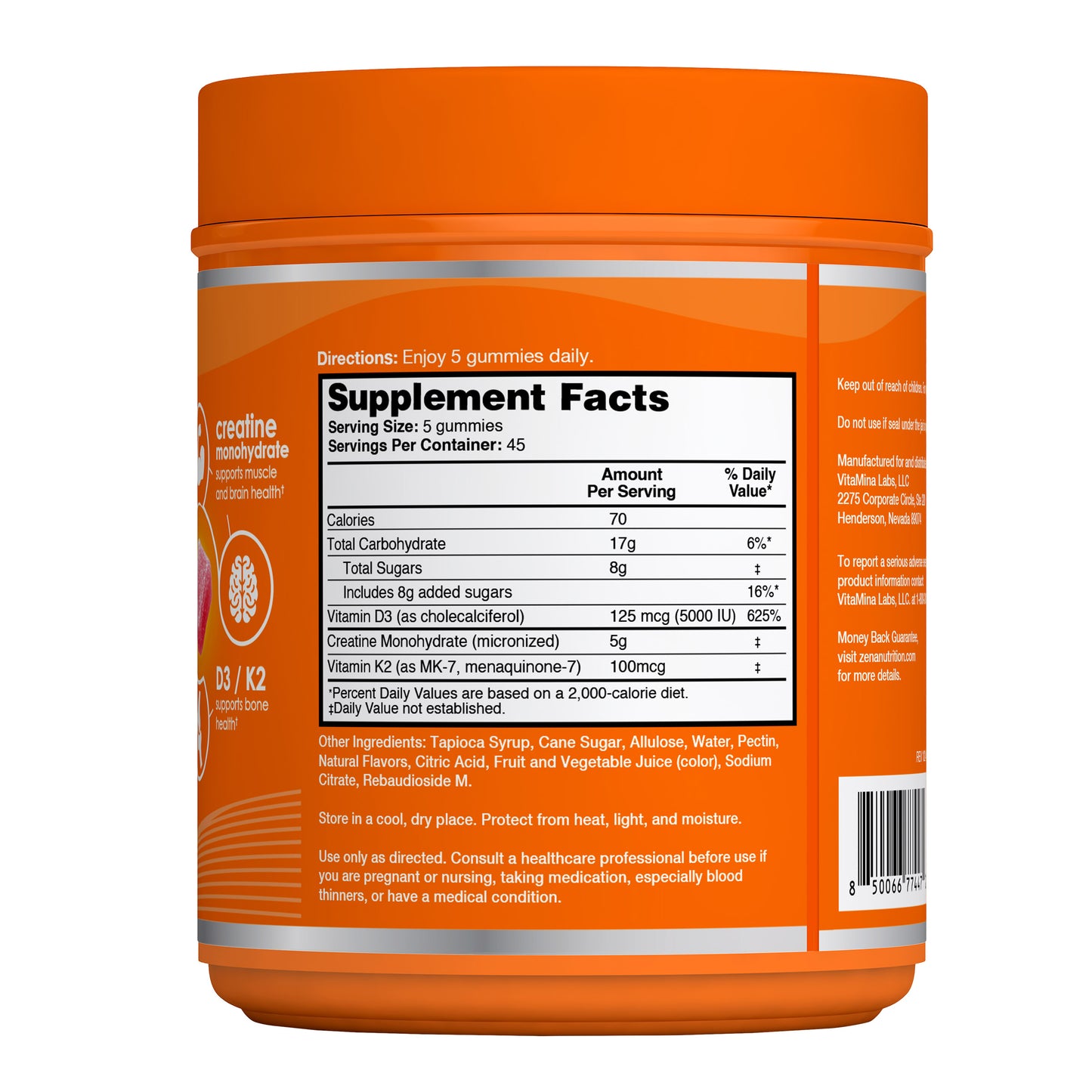 Zena Creatine Monohydrate + D3/K2 Gummies, 225-Count