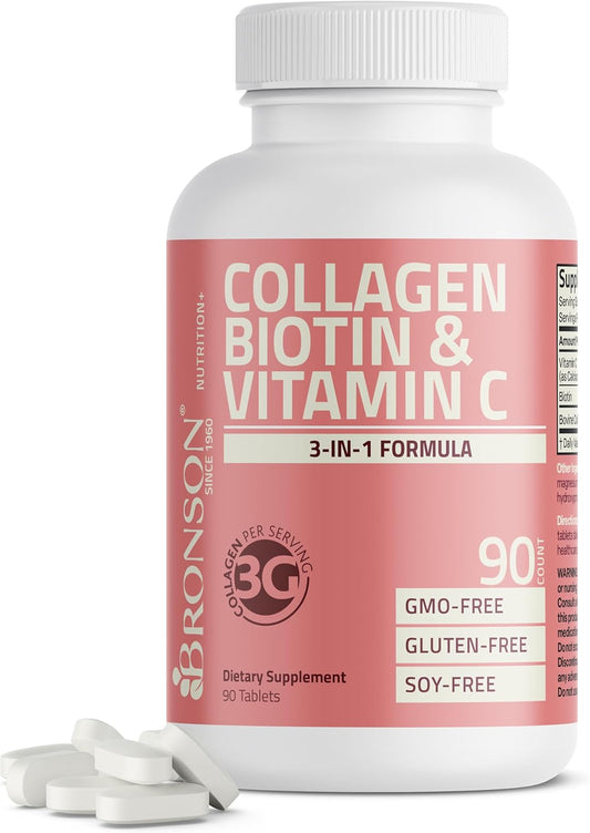 Bronson Collagen Peptides 3000Mg (Per Serving) with Biotin & Vitamin C - for Hair, Skin & Nails Support, Non-Gmo, 90 Tablets