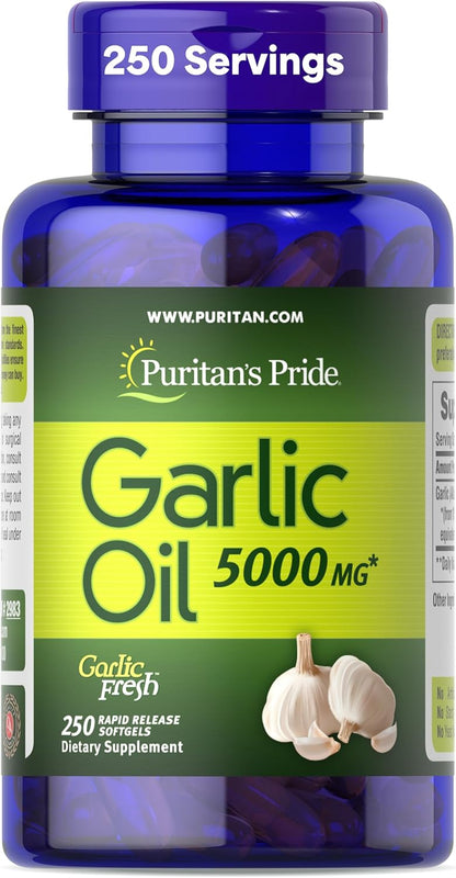Puritan'S Pride Premium Garlic  5000Mg, Traditional Dietary Supplement for Heart Health and Circulation Support with Antioxidant Properties, 250 Rapid Release Softgels