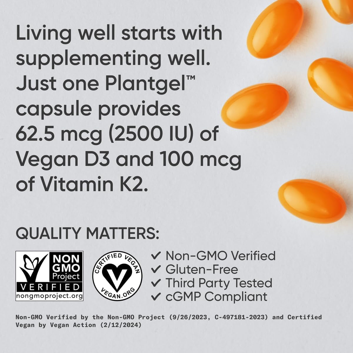 Sports Research® Vitamin D3 + K2 W/Coconut Oil - Vegan Vitamin D 2500Iu & Mk7 Vitamin K 100Mcg for Bone & Immune Support - Vegan Certified · Non-Gmo · Soy Free - 60 Softgels