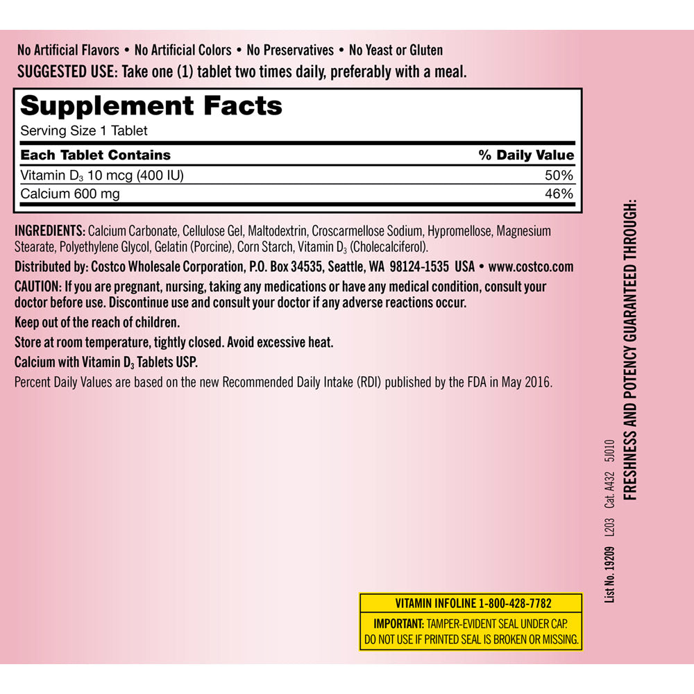 Kirkland Signature Calcium 600 Mg. with Vitamin D3, 500 Tablets