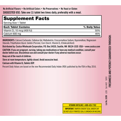 Kirkland Signature Calcium 600 Mg. with Vitamin D3, 500 Tablets
