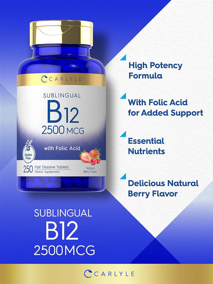 Carlyle Vitamin B12 Sublingual 2500 Mcg | 250 Fast Dissolve Tablets | Cyanocobalamin Supplement with Folic Acid for Adults | Natural Berry Flavor | Vegetarian, Non-Gmo, and Gluten Free