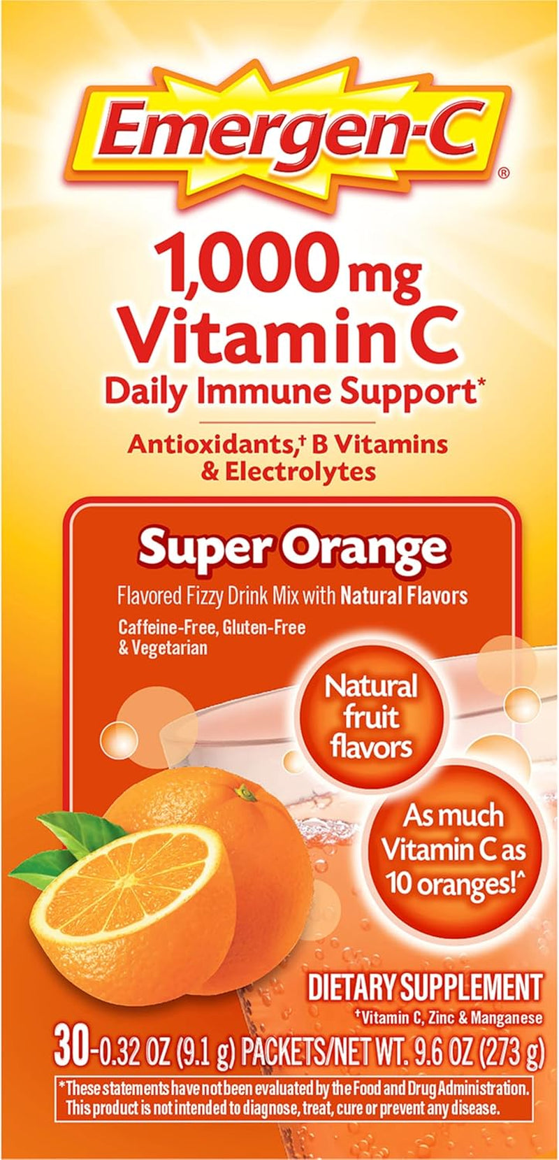 Emergen-C 1000Mg Vitamin C Powder for Daily Immune Support Caffeine Free Vitamin C Supplements with Zinc and Manganese, B Vitamins and Electrolytes, Super Orange Flavor - 30 Count