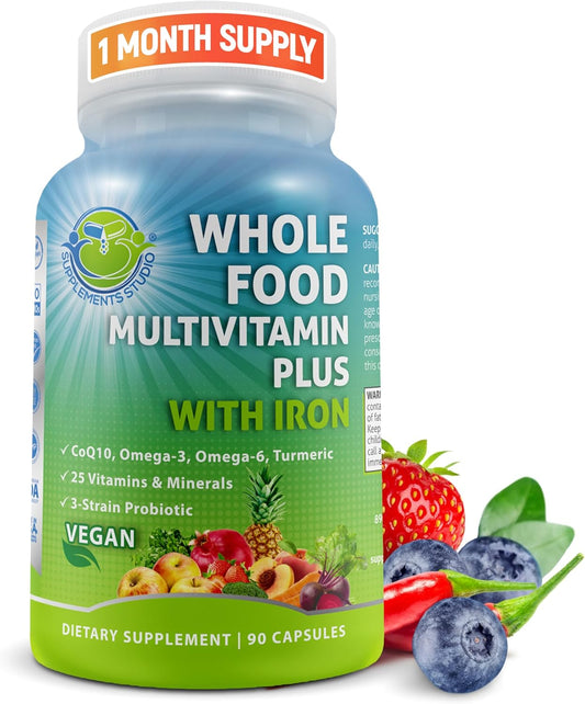 Vegan Whole Food Daily Multivitamin with Iron, Methylated Multivitamin for Women and Men, Made with Fruits & Vegetables, B-Complex, Probiotics, Enzymes, Coq10, Omegas, Turmeric, Non-Gmo, 90 Count