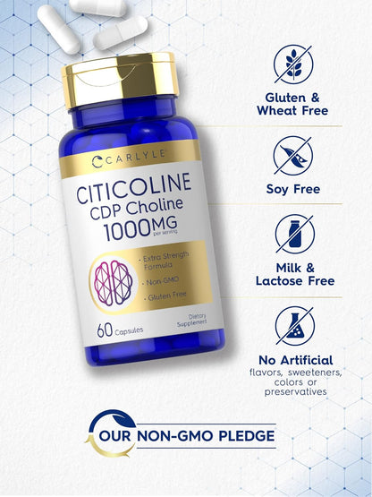 Carlyle Citicoline CDP Choline 1000Mg | 60 Capsules | Extra Strength Formula | Non-Gmo, Gluten Free Supplement