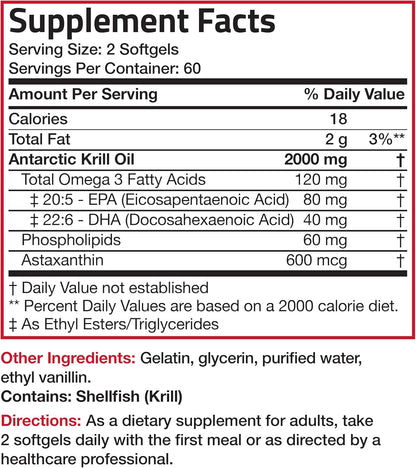 Bronson Antarctic Krill Oil 2000 Mg with Omega-3S EPA, DHA, Astaxanthin and Phospholipids 120 Softgels (60 Servings)