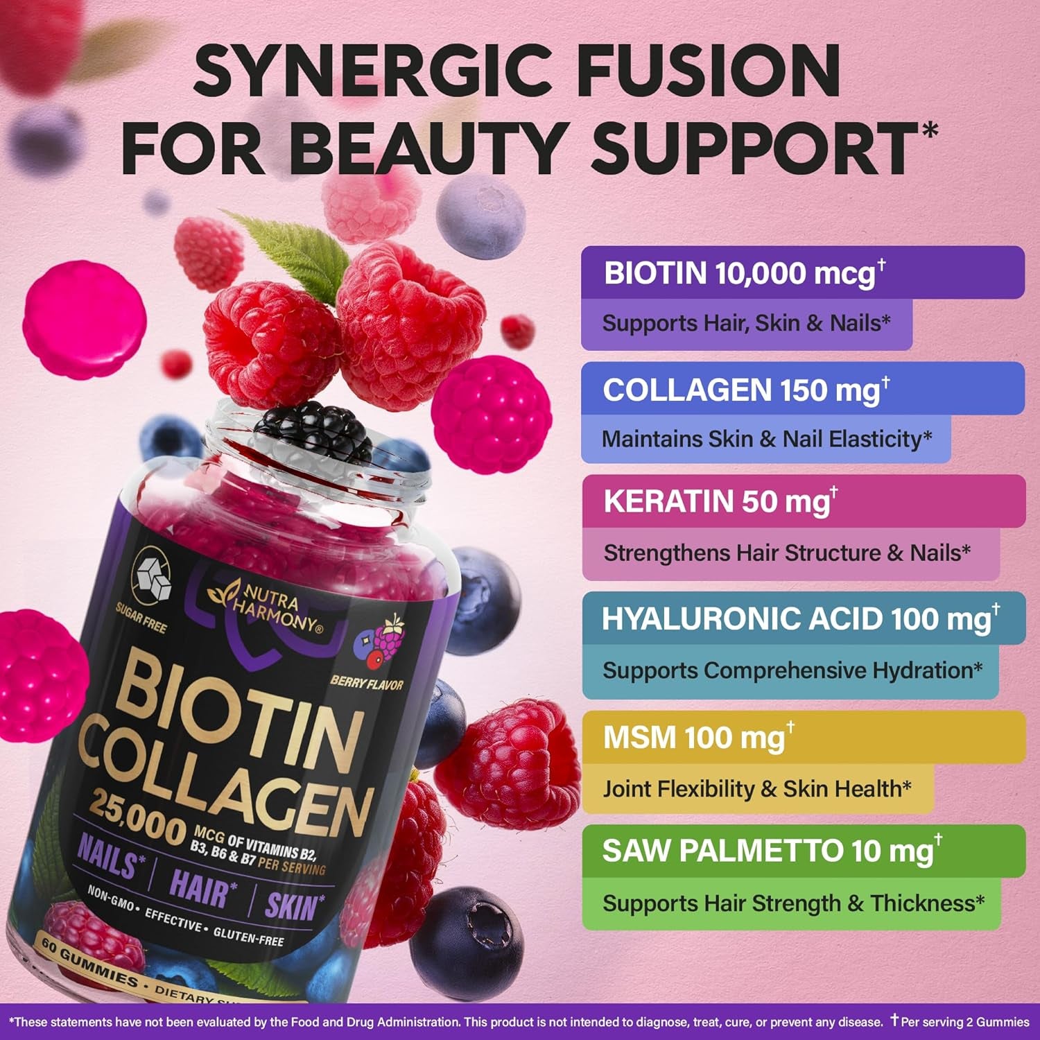 Biotin Gummies with Collagen - Hair Growth Support Skin, & Nail Strength - for Women & Men - Biotin 10000Mcg | Keratin | Hyaluronic Acid | B-Complex | Saw Palmetto - Sugar-Free, Mixed Berry - 60 Gummy