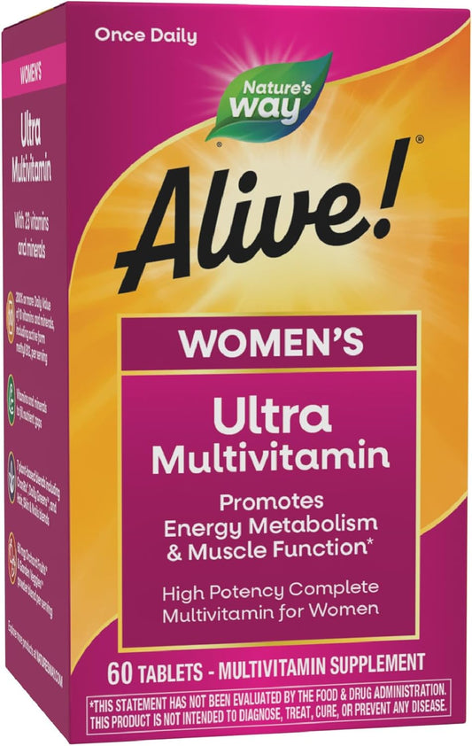 Nature'S Way Alive! Women'S Daily Ultra Multivitamin, High  Formula, Promotes Energy Metabolism and Muscle Function*, Women'S Vitamins, Methylated Vitamin B12, 60 Tablets