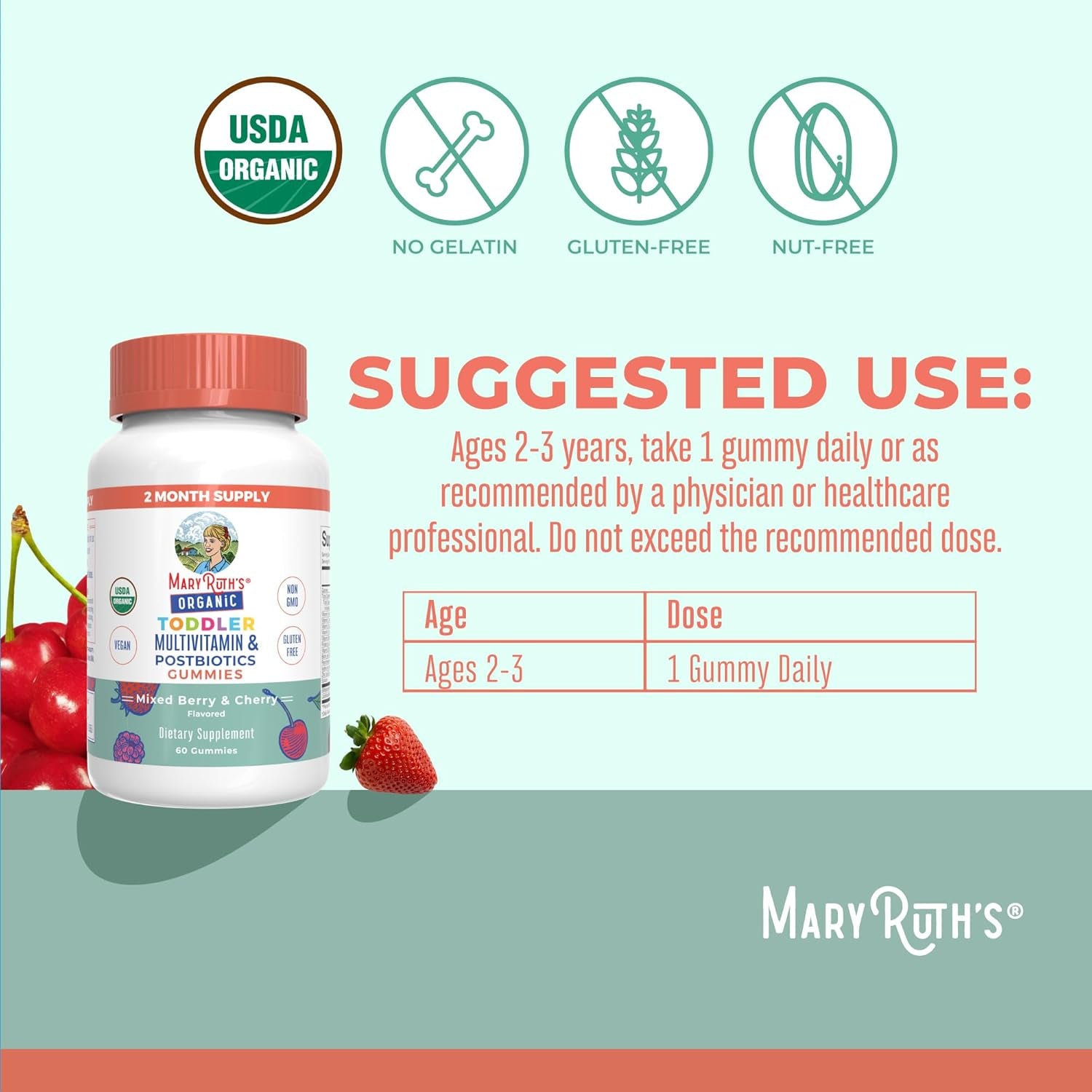Maryruth Organics Toddler Multivitamin Gummies + Postbiotics | USDA Organic | Vitamins for Kids Ages 2+ | Immune Support | Vitamin C | Vitamin D3 | Vitamin a | Zinc | Vegan | Non-Gmo | 60 Servings