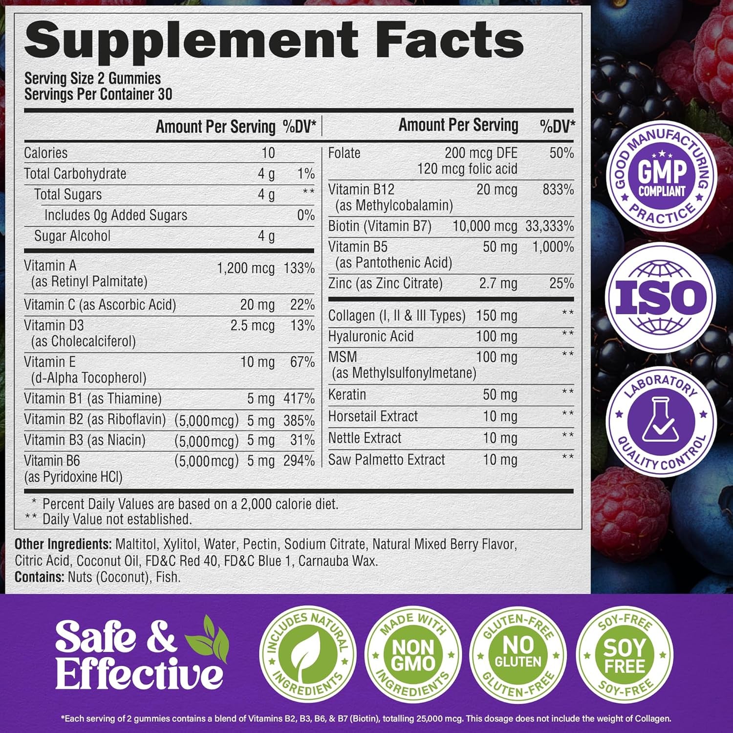 Biotin Gummies with Collagen - Hair Growth Support Skin, & Nail Strength - for Women & Men - Biotin 10000Mcg | Keratin | Hyaluronic Acid | B-Complex | Saw Palmetto - Sugar-Free, Mixed Berry - 60 Gummy