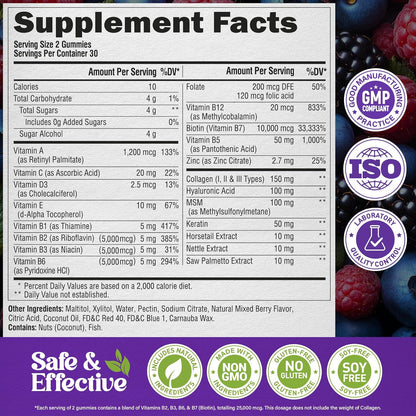 Biotin Gummies with Collagen - Hair Growth Support Skin, & Nail Strength - for Women & Men - Biotin 10000Mcg | Keratin | Hyaluronic Acid | B-Complex | Saw Palmetto - Sugar-Free, Mixed Berry - 60 Gummy