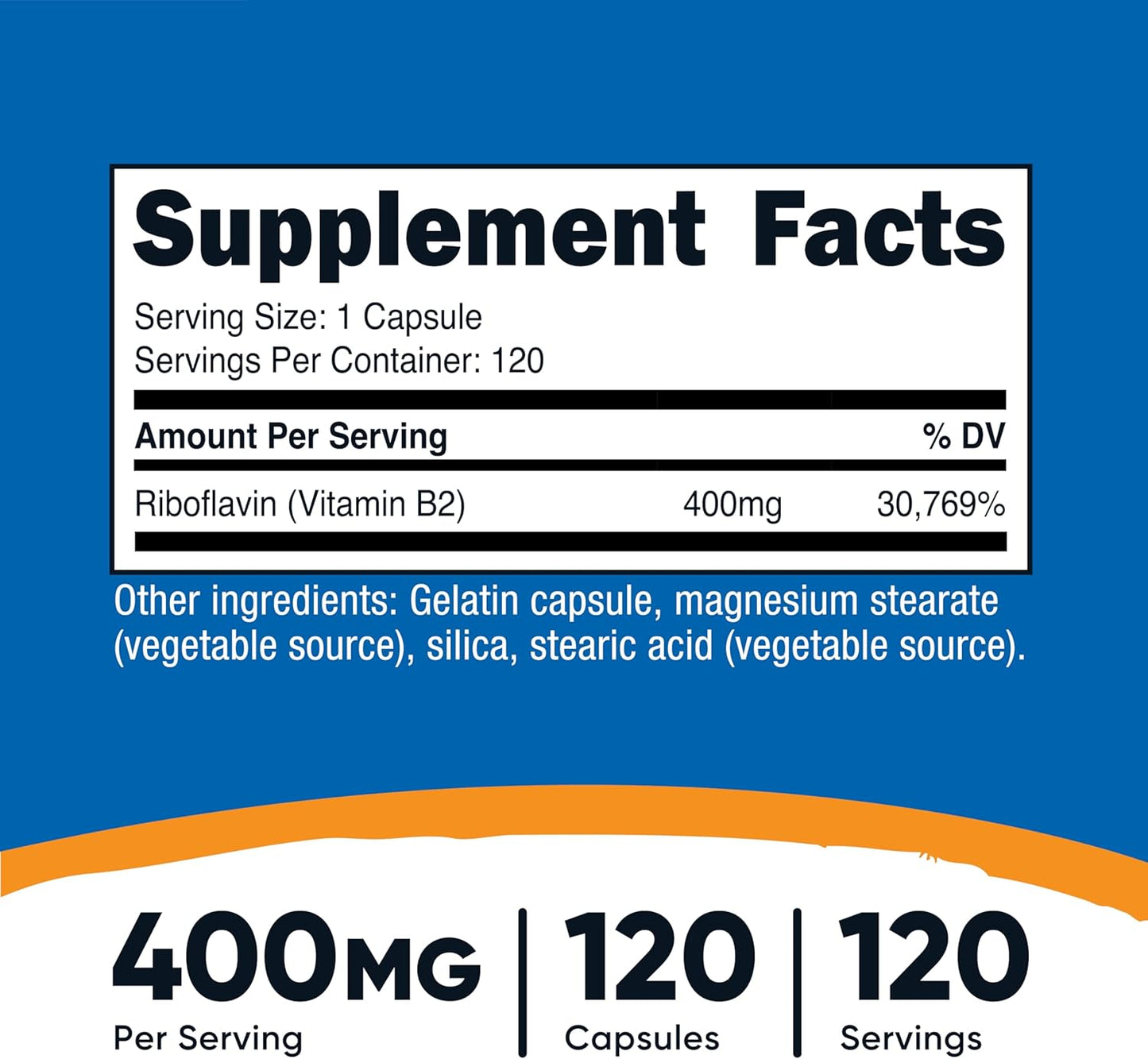 Vitamin B2 (Riboflavin) 400Mg, 120 Capsules - Gluten Free, Non-Gmo