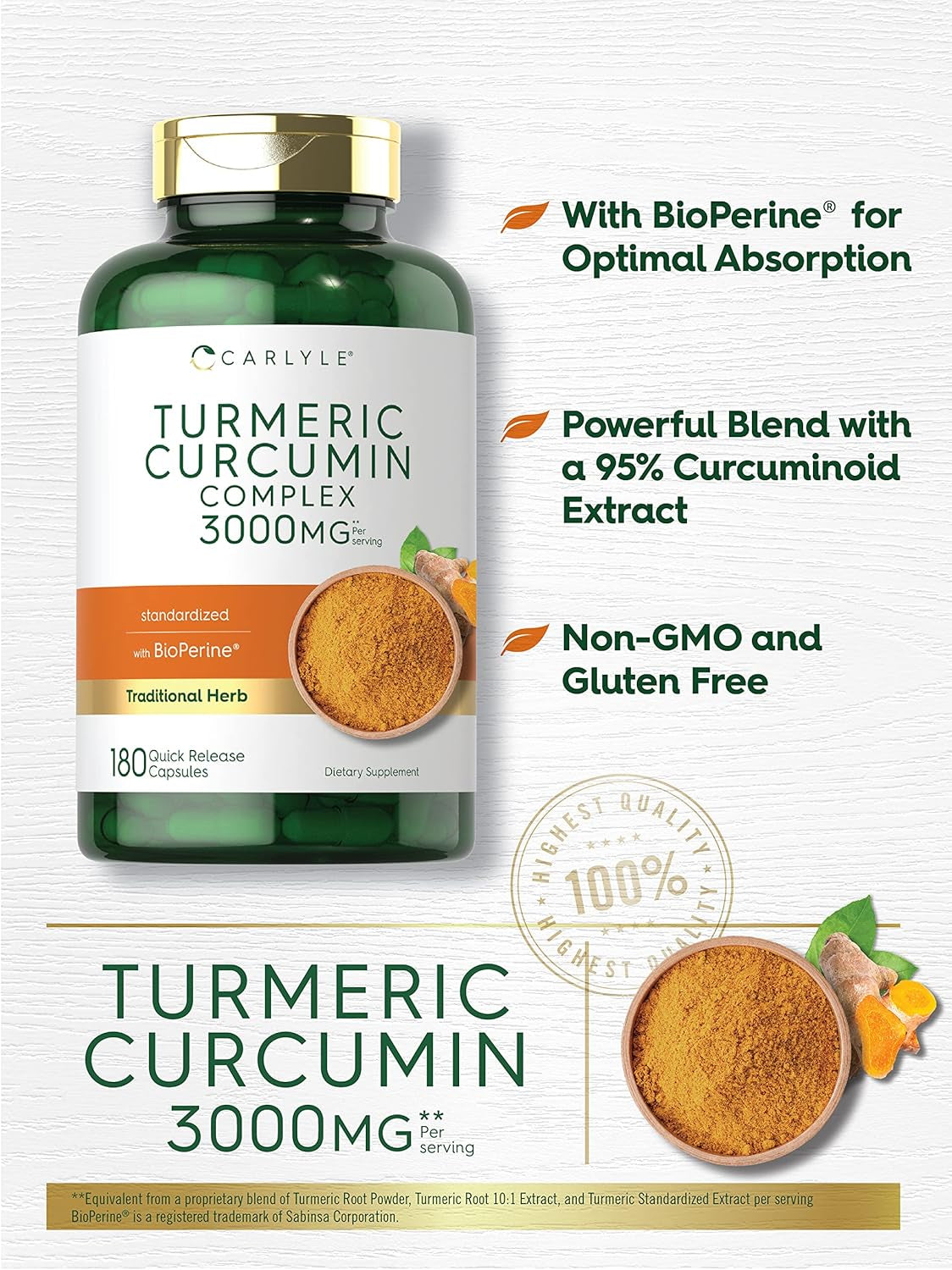 Carlyle Turmeric Curcumin Supplement | 3000Mg 180 Capsules | with Black Pepper, Curcuminoids and Bioperine | Non-Gmo, Gluten Free