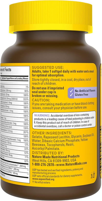 Nature Made Postnatal Multivitamin + DHA 200 Mg, Postnatal Vitamins for Breastfeeding Moms & Babies, Vitamins & Nutrients Include Iron, Vitamin D3, Calcium, Iodine and More, 60 Softgels