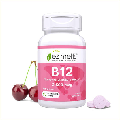 EZ Melts Dissolvable B12 2,500 Mcg - Vitamin B12 for Energy & Immune Support - Non-Gmo, Vegan & Gluten-Free - Red Cherry - 90 Sublingual Tablets (90 Servings)